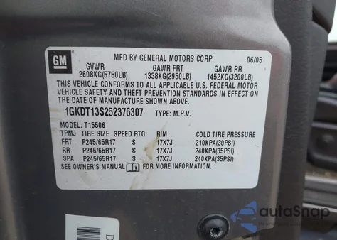 2005 GMC Envoy Slt from USA, damaged, VIN 1GKDT13S252376307